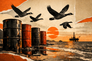 Barris de petróleo na praia com plataforma offshore ao fundo e aves voando no céu alaranjado