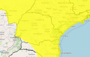Mapa mostra região do Paraná com alerta em amarelo para tempestades e chuvas intensas