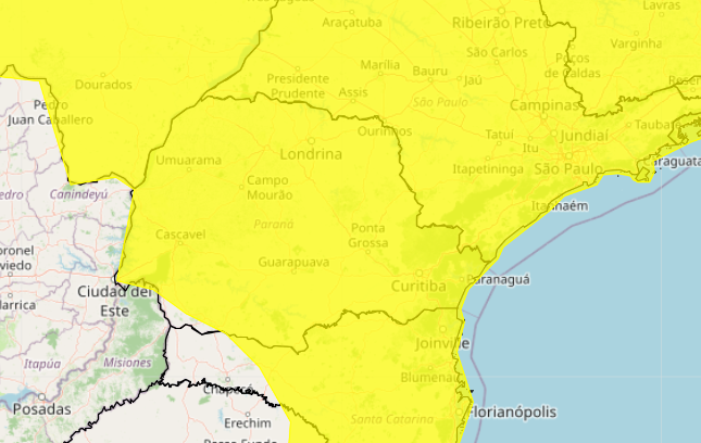 Mapa mostra região do Paraná com alerta em amarelo para tempestades e chuvas intensas