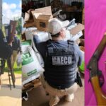 Pessoas com coletes marcados "GAECO" em ação, revistando local e exibindo armas e munições