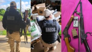 Pessoas com coletes marcados "GAECO" em ação, revistando local e exibindo armas e munições