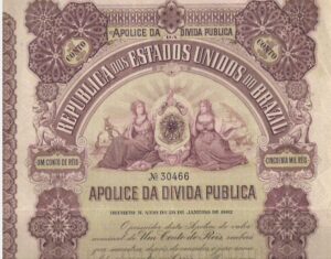 Apólice da dívida pública da República dos Estados Unidos do Brasil de 1902 com detalhes ornamentais e inscrições oficiais