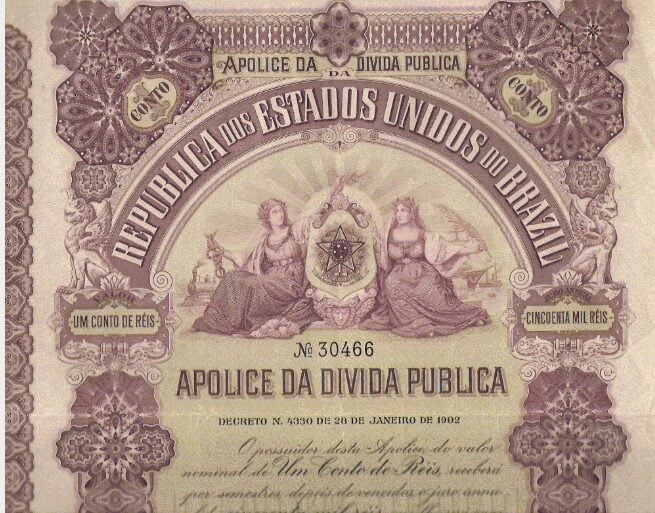 Apólice da dívida pública da República dos Estados Unidos do Brasil de 1902 com detalhes ornamentais e inscrições oficiais