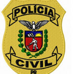 Emblema da Polícia Civil do Paraná com brasão e inscrições em amarelo e preto
