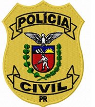 Emblema da Polícia Civil do Paraná com brasão e inscrições em amarelo e preto