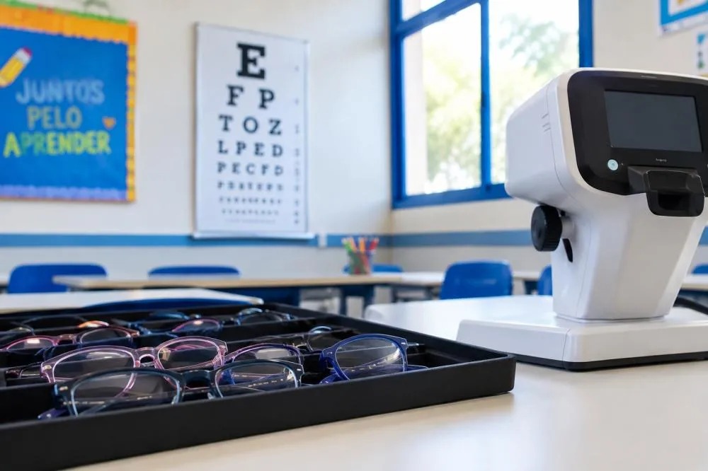 Óculos em exposição e equipamento de exame visual em sala de aula com cartaz de teste de visão ao fundo