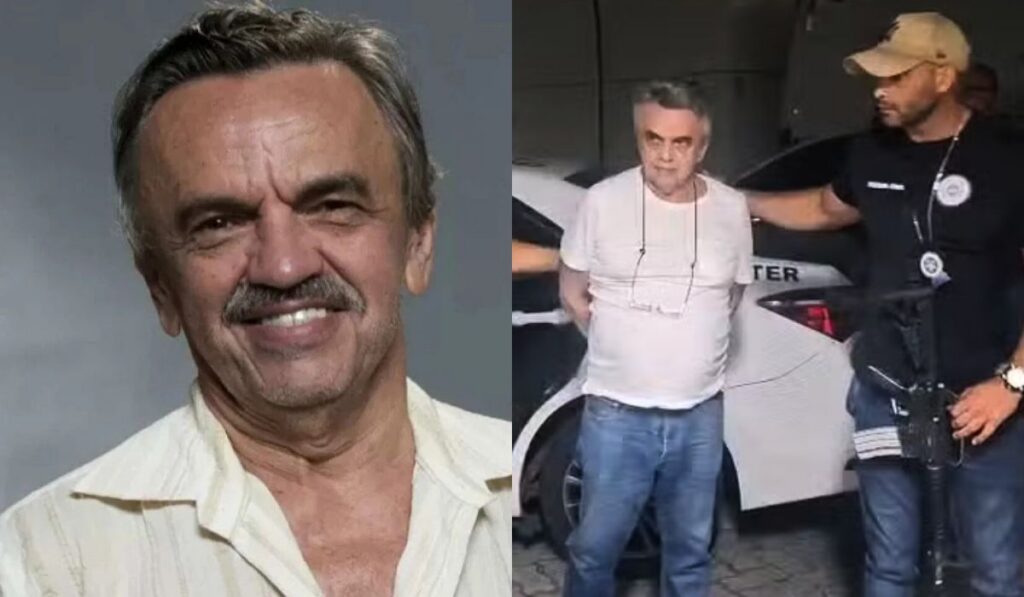 Um homem de cabelos grisalhos e bigode em foto de perfil ao lado de outra imagem onde ele é conduzido por um agente próximo a um veículo