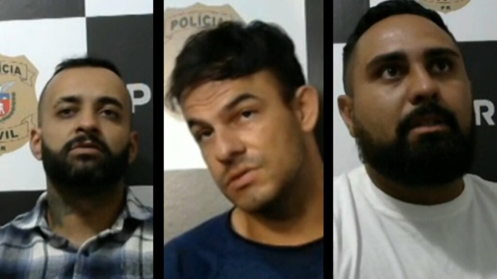 Três homens em imagens separadas com fundo de logotipo da Polícia Civil