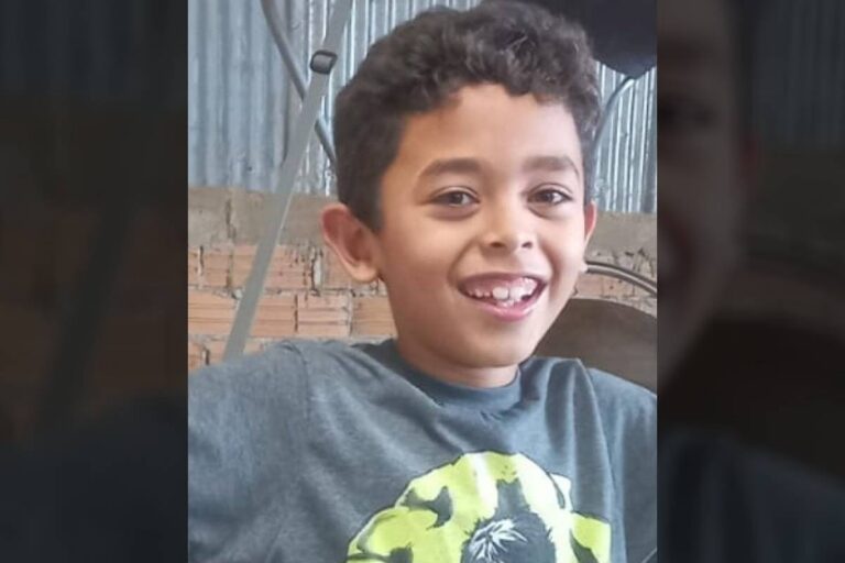 Menino sorridente com camiseta cinza e estampa verde, em frente a parede de tijolos e telha metálica