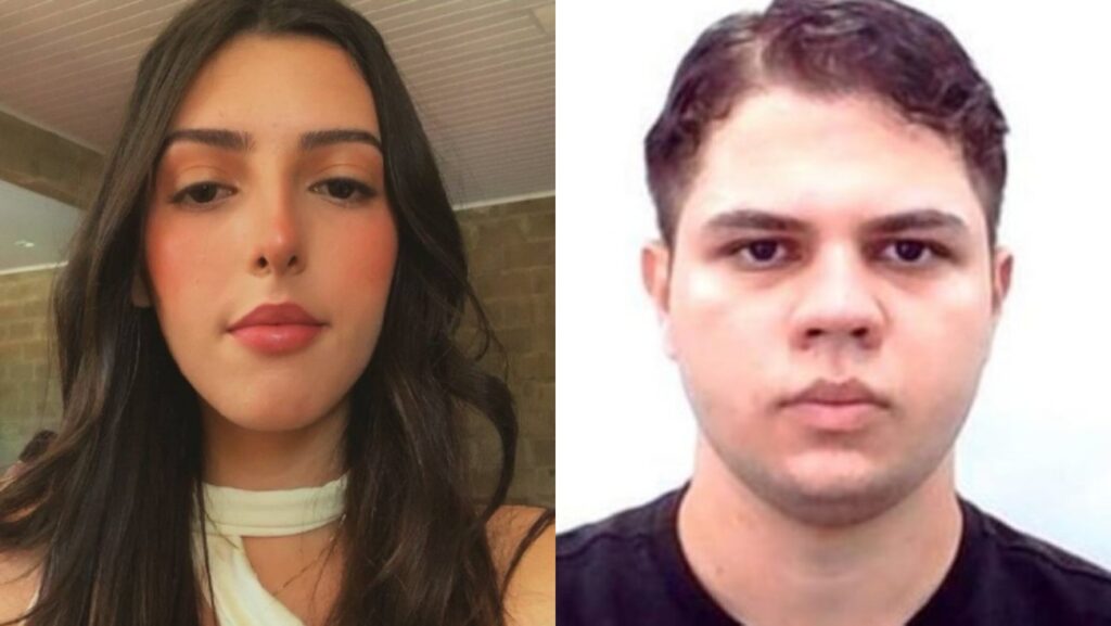 Duas imagens lado a lado mostram uma jovem com cabelos longos e um homem de camiseta escura em retrato frontal