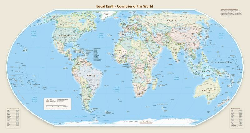 Mapa-múndi com continentes e países em proporções mais precisas, destacando áreas reais sem distorções