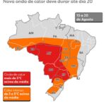 Mapa do Brasil mostra regiões com altas temperaturas entre 15 e 20 de agosto