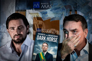 Um homem de camisa clara e outro com a mão no rosto ao lado de uma capa de livro e imagens de dinheiro e logotipos bancários