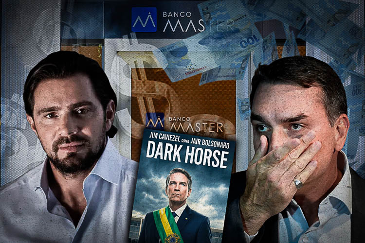 Um homem de camisa clara e outro com a mão no rosto ao lado de uma capa de livro e imagens de dinheiro e logotipos bancários