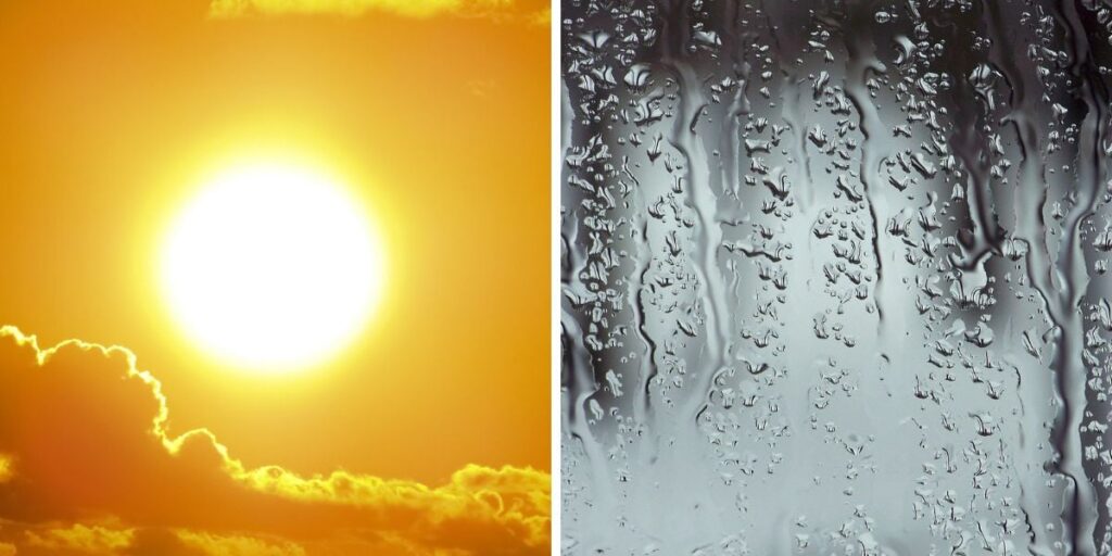 Sol forte em céu alaranjado ao lado de gotas de chuva escorrendo por uma superfície transparente