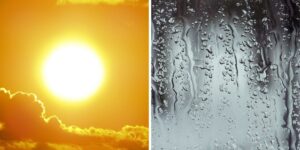 Sol forte em céu alaranjado ao lado de gotas de chuva escorrendo por uma superfície transparente