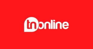 Logotipo do TNOnline em fundo vermelho com letras brancas e design moderno
