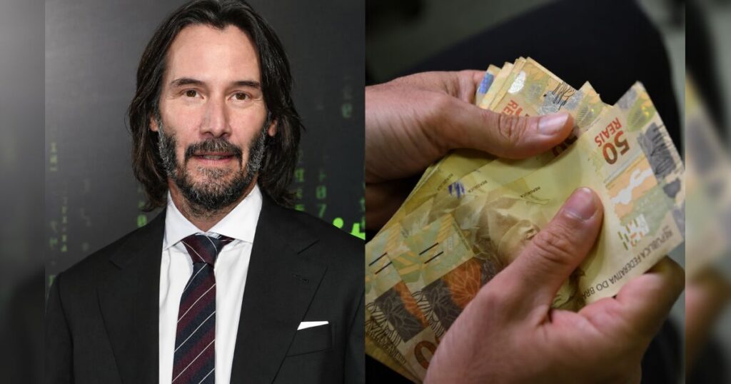 Um homem de terno ao lado de mãos contando notas de cinquenta reais
