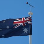 Bandeira da Austrália hasteada em mastro com céu azul ao fundo