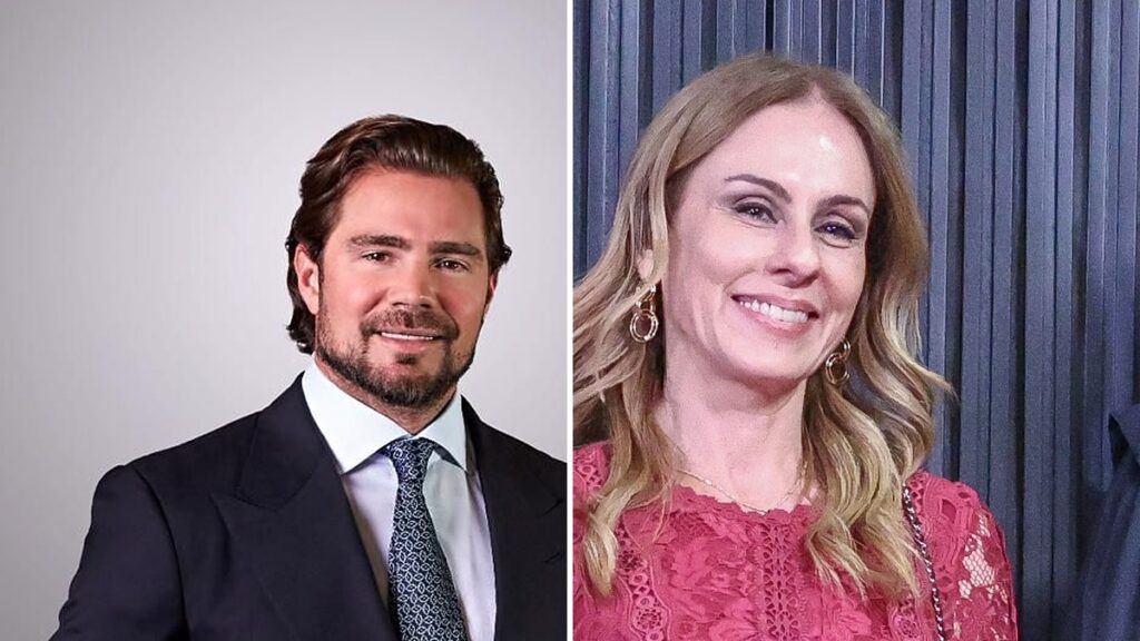 Daniel Vorcaro, de terno, à esquerda, e Viviane Barci de Moraes, de vestido vermelho, à direita