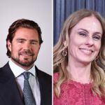 Daniel Vorcaro, de terno, à esquerda, e Viviane Barci de Moraes, de vestido vermelho, à direita