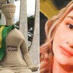 Estatua com bandeira do Brasil e inscrição, ao lado de retrato de mulher com cabelos claros