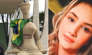 Estatua com bandeira do Brasil e inscrição, ao lado de retrato de mulher com cabelos claros