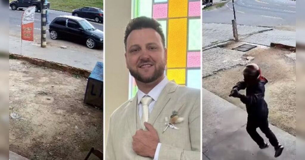 Um homem de terno posa em frente a vitral, enquanto uma pessoa corre na rua com capacete e um carro está estacionado ao fundo