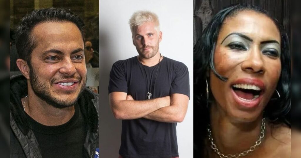 Três pessoas em imagens separadas, cada uma com expressão distinta e estilo visual diferente