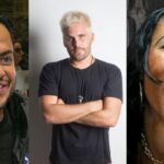 Três pessoas em imagens separadas, cada uma com expressão distinta e estilo visual diferente