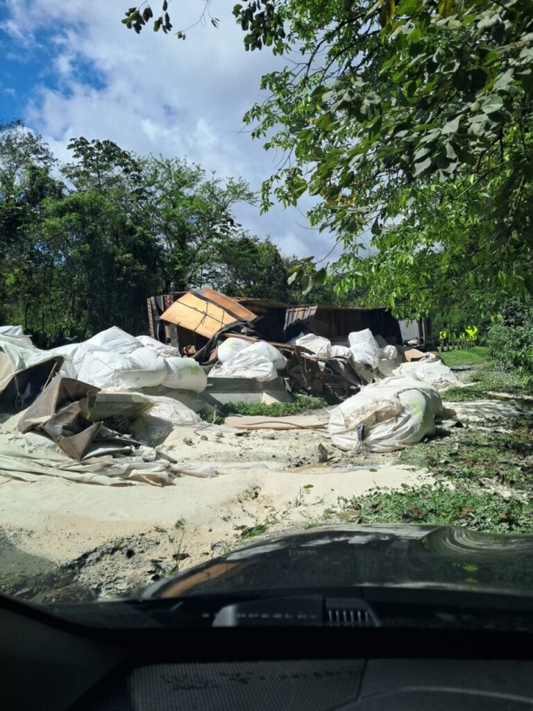 Um caminhão tombado bloqueia a via com cargas espalhadas ao longo da estrada em área arborizada