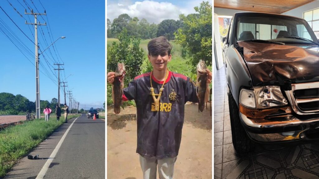 Um grupo de pessoas observa uma estrada com um veículo danificado e objetos no chão
