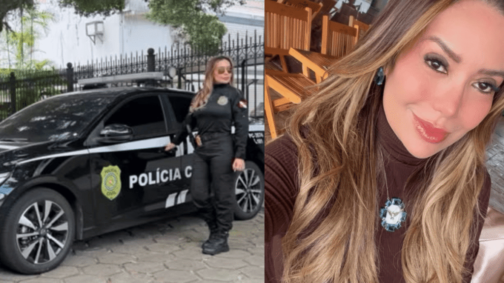 Uma mulher em uniforme de polícia posa ao lado de um veículo oficial e outra foto mostra uma mulher com cabelos longos em ambiente interno