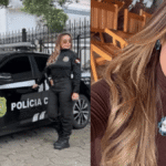 Uma mulher em uniforme de polícia posa ao lado de um veículo oficial e outra foto mostra uma mulher com cabelos longos em ambiente interno