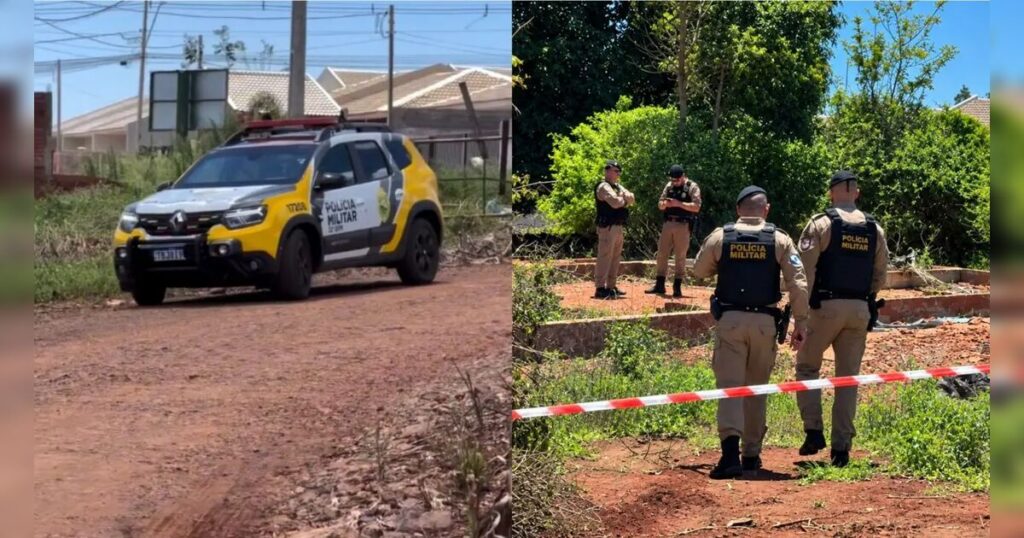 Um veículo da Polícia Militar estacionado em uma rua de terra e agentes em uma área delimitada por fita de isolamento em um local com vegetação