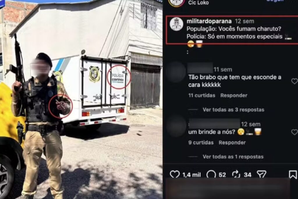 Um homem com farda e arma posa segurando um charuto ao lado de veículo da Polícia Científica, ao lado de captura de tela de postagem em rede social