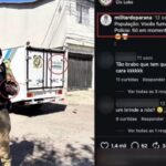 Um homem com farda e arma posa segurando um charuto ao lado de veículo da Polícia Científica, ao lado de captura de tela de postagem em rede social