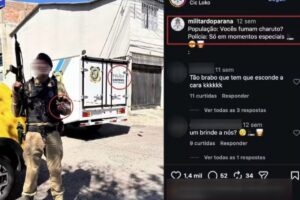 Um homem com farda e arma posa segurando um charuto ao lado de veículo da Polícia Científica, ao lado de captura de tela de postagem em rede social