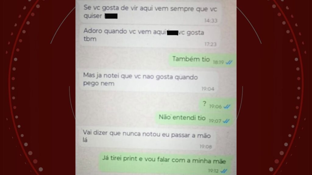 Tela de celular mostrando mensagens de texto com troca de mensagens entre duas pessoas sobre contato físico e reação da outra parte