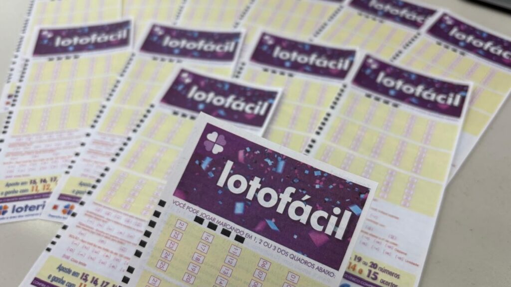 Várias folhas de apostas da Lotofácil espalhadas sobre uma superfície plana